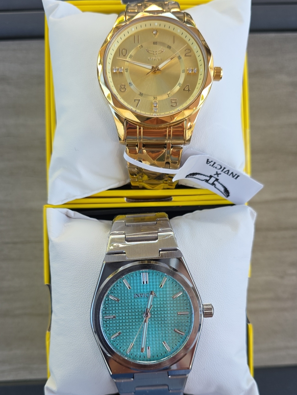 743.  Pair Of Invicta Men's Gold and Silver/Aqua Watch Set